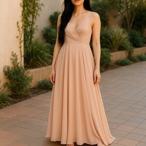 Lulu's Peach Pink Maxi Dress L Spaghetti Strap Pleated Chiffon Gown Formal